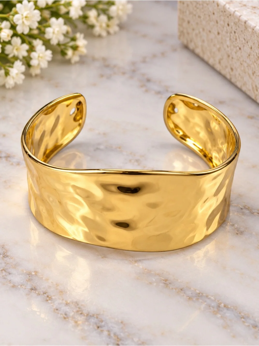 Hammered Gold Wide Cuff Bracelet — Polished Statement Bangle